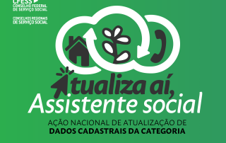 Card com fundo verde e logo da ação "Atualiza aí, Assistente Social"