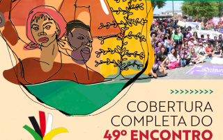 Card com fundo bege e arte do 49° Encontro Nacional traz uma imagem de assistentes sociais no Grito dos Excluídos em Maceió e o título: cobertura completa do Encontro Nacional