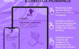 Card lilás traz imagem de celular e e tablet com a capa do E-book, figuras geométricas e um livro com um ramo simbolizando o código de ética. Ao lado, subtópicos com um desenho de uma mão/clique.