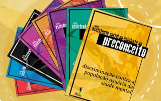 card com fundo amarelo mostra cadernos da série assistentes sociais no combate ao preconceito em forma de leque, com o novo caderno em destaque na frente