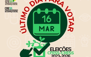 Card bege traz logo das eleições e o desenho de um ícone de um calendário com a data de 16/3.