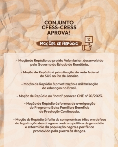 Texto em fundo em tons de bege. Tarja no centro com o texto Moções de Repúdio. Ao lado, ícone de mão segurando placa de proibição. Texto Conjunto CFESS-CRESS aprova! Seguido de lista de moções, como disponibilizado nos links abaixo. 