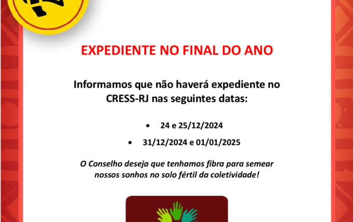 #descriçãodaimagem Card comum de informe com destaque em tons de vermelho nas bordas, megafone preto dentro de círculo amarelo, indicando emissão de mensagem. Logo do CRESS-RJ na parte central inferior e mensagem como no texto acima em destaque no centro, em fundo branco.