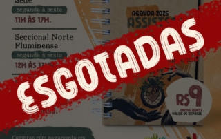 Card com as informações sobre a venda das agendas 2025 do Conjunto CFESS-CRESS. No centro, uma tarja vermelha em destaque com o texto "Esgotadas".